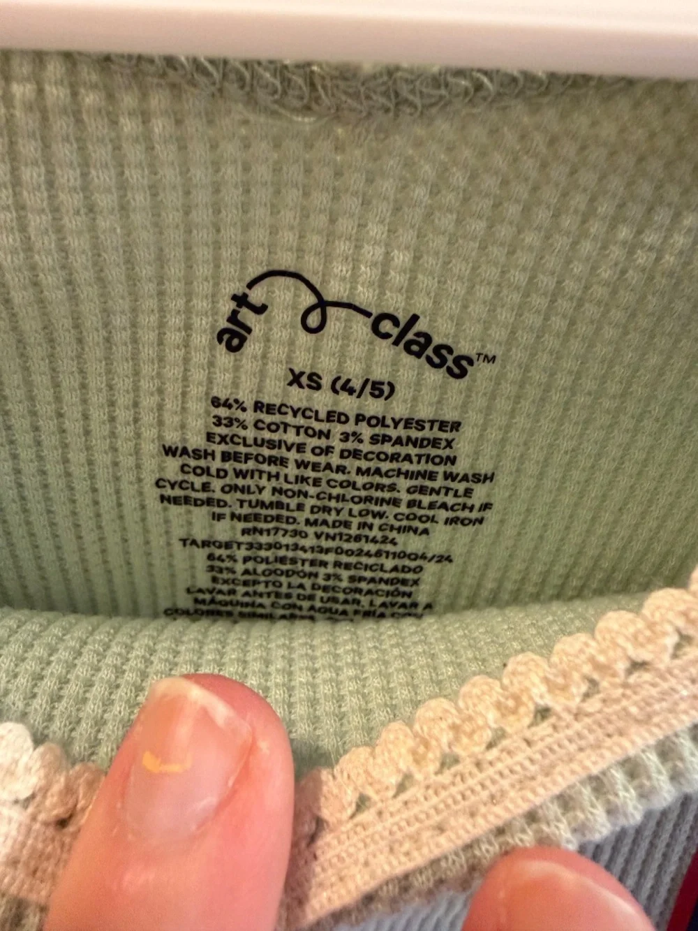 Art Class Girls Green Waffle Knit Lace Trim Top | Size XS | NWT